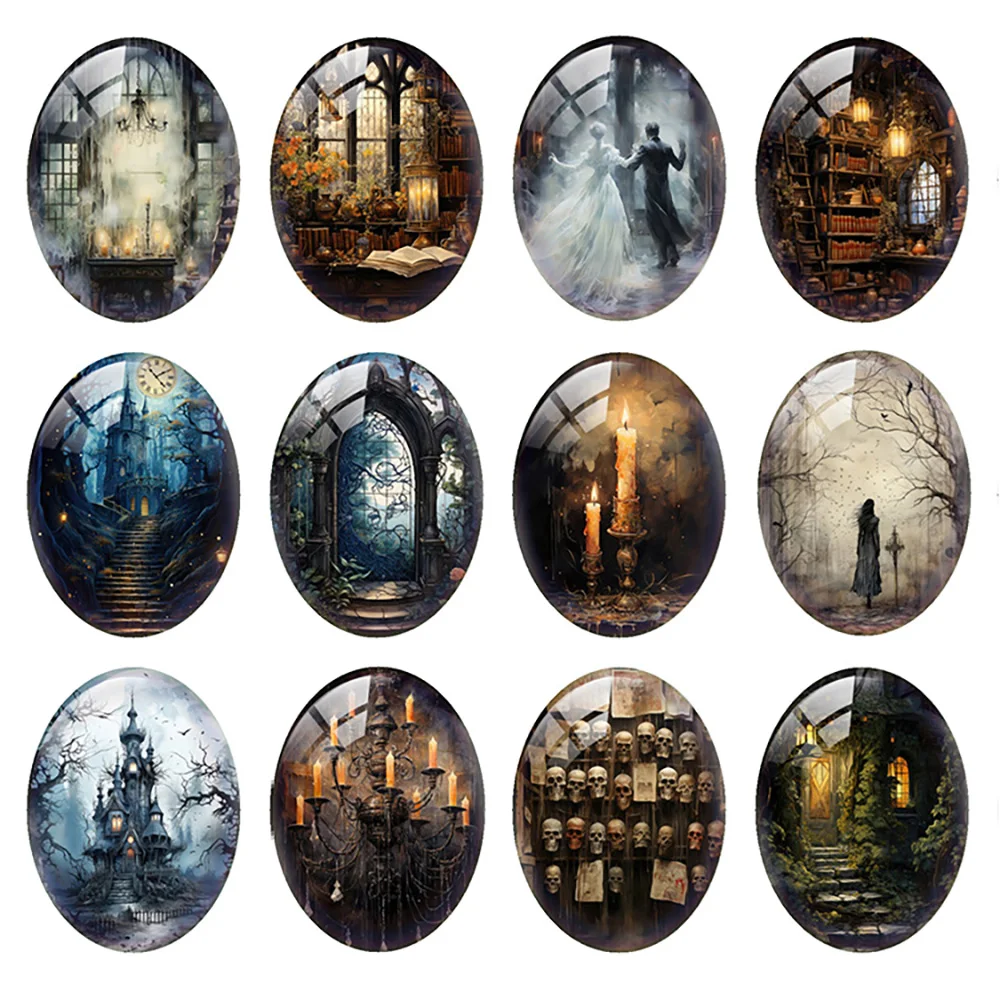10 шт./лот Хэллоуин ужас готический дом с привидениями голова черепа овальная фото стеклянный кабошон с плоской задней частью демонстрационная камея Diy изготовление ювелирных изделий