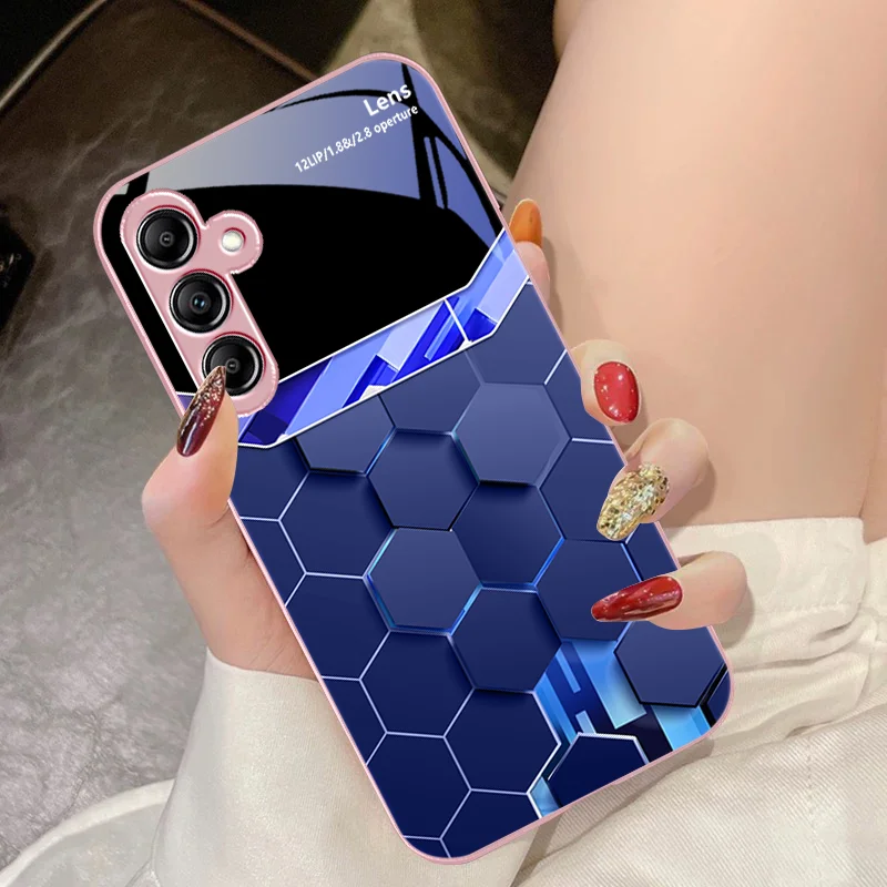 Lingge Gradient Blue For Samsung Galaxy A14 4G 20 30 52 20S 21S 22 A32 33 34 42 50 51 53 54 70 71 72 73 5G Glass Phone Case