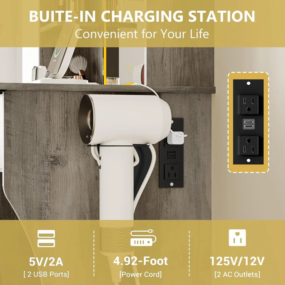 Toaletka z oświetleniem LED, lustrem i gniazdem zasilania, kompaktowy zestaw do makijażu z szufladami i krzesłem, 3 tryby oświetlenia