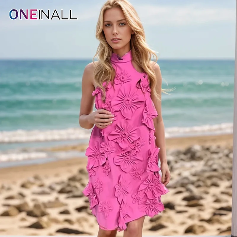 

ONEINALL Patchwork Appliques Elegant Dresses For Women Stand Collar Sleeveless Spliced Lace Up Temperament Dress Female Clothes