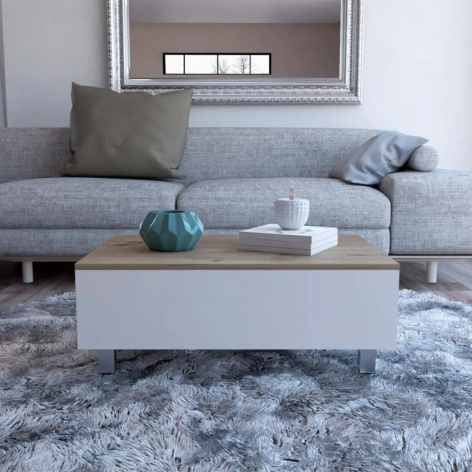 Gambia Lift Top Coffee Table, Four Legs White / Light Oak