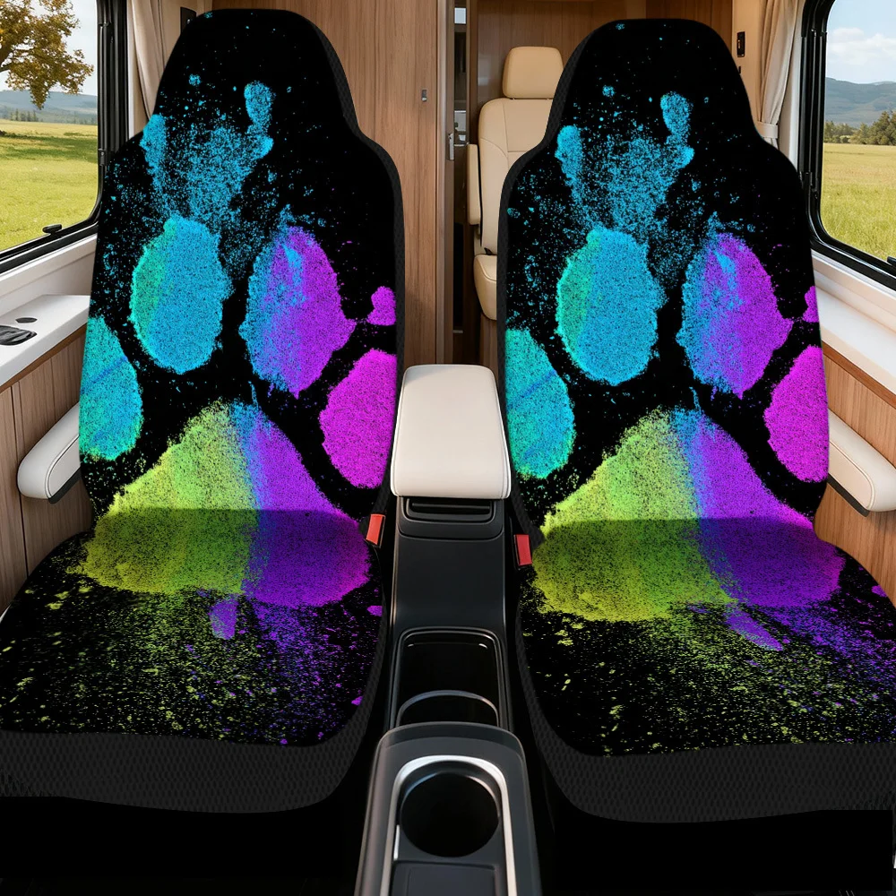 2pcs Colorful Paw Splash Pattern Universal Car Seat Covers | Polyester, Machine Washable, Foldable, Adds Attractive Visual Accen