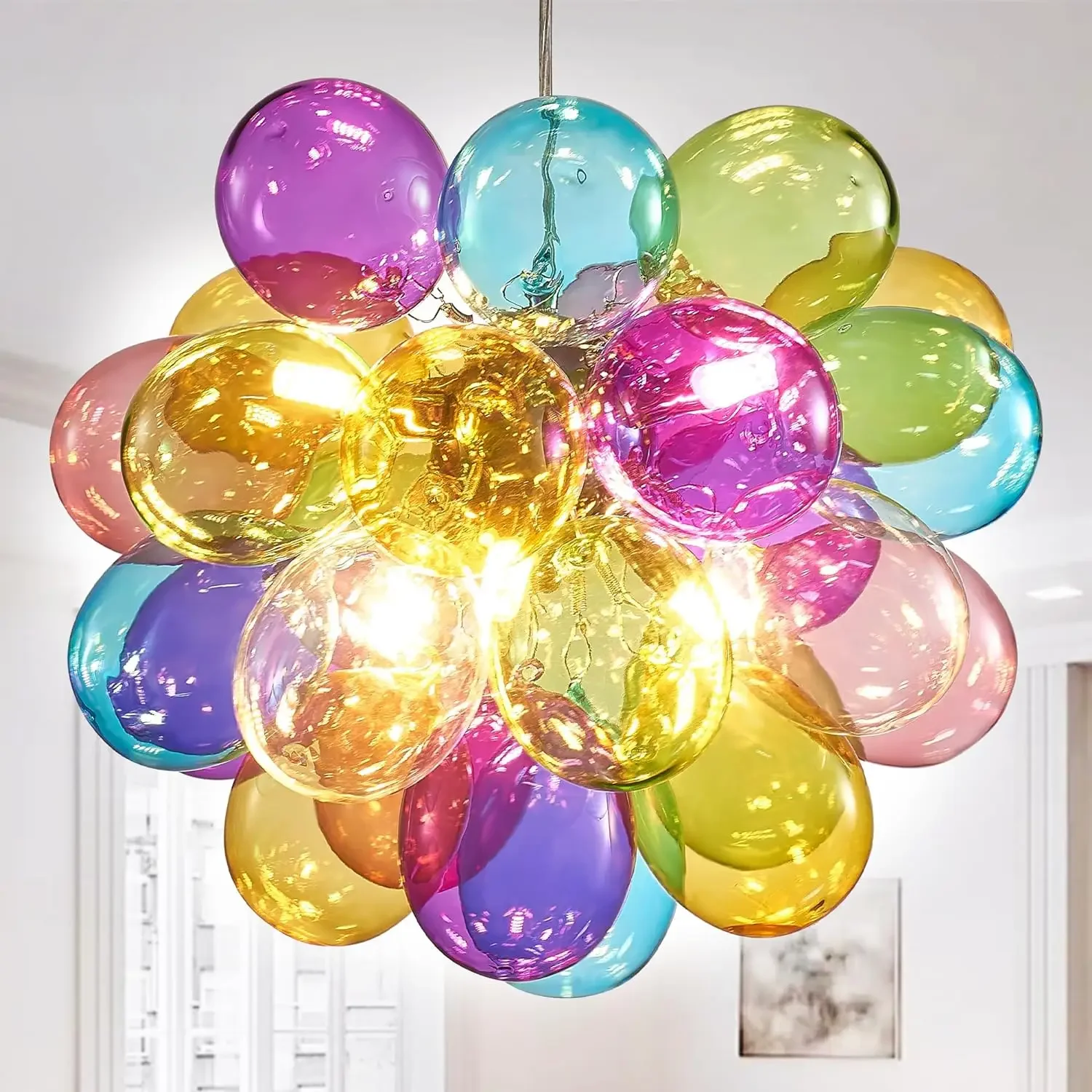 Artpad Modern Colorful Bubble Glass Ball Hanging Chandelier Living Room Dining Room Round Stained Glass Pendant Lamp Kitchen