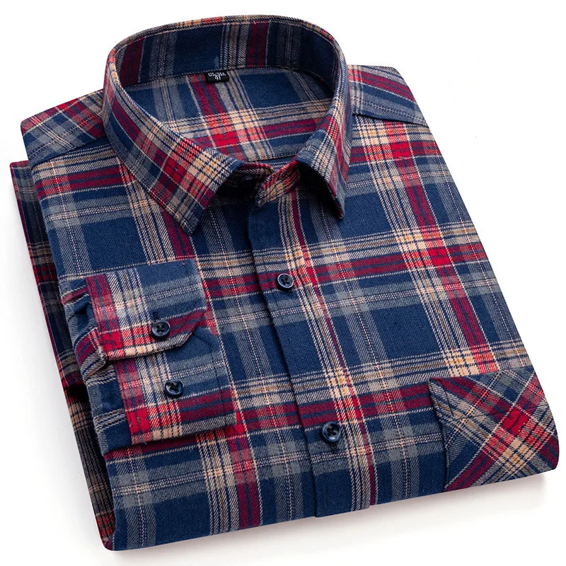 Übergroßes S~6XL Herren-Karohemd, langärmelig, Herbst, Frühling, weich, Standard-Passform, 100 % Baumwolle, gebürstete Oberbekleidung, lässige Herrenbekleidung
