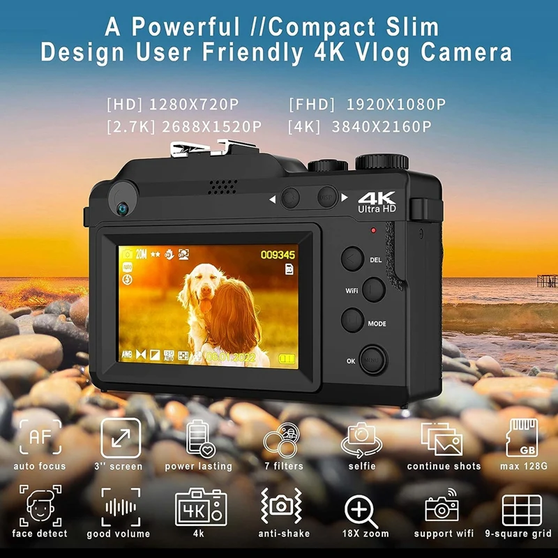 3In HD Digital Camera For Photography, Dual Cam Front And Rear Camera With Autofocus Face Detect