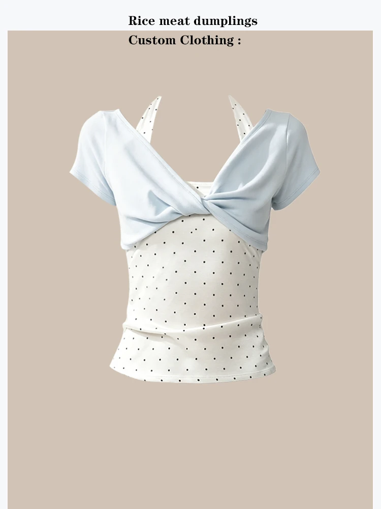 

Ballet Style Polka Dot Lace Trim Top And Vest Set Slim Fit Hanging Neck Summer New Cover up Cotton Polyester Short Sleeve V Neck