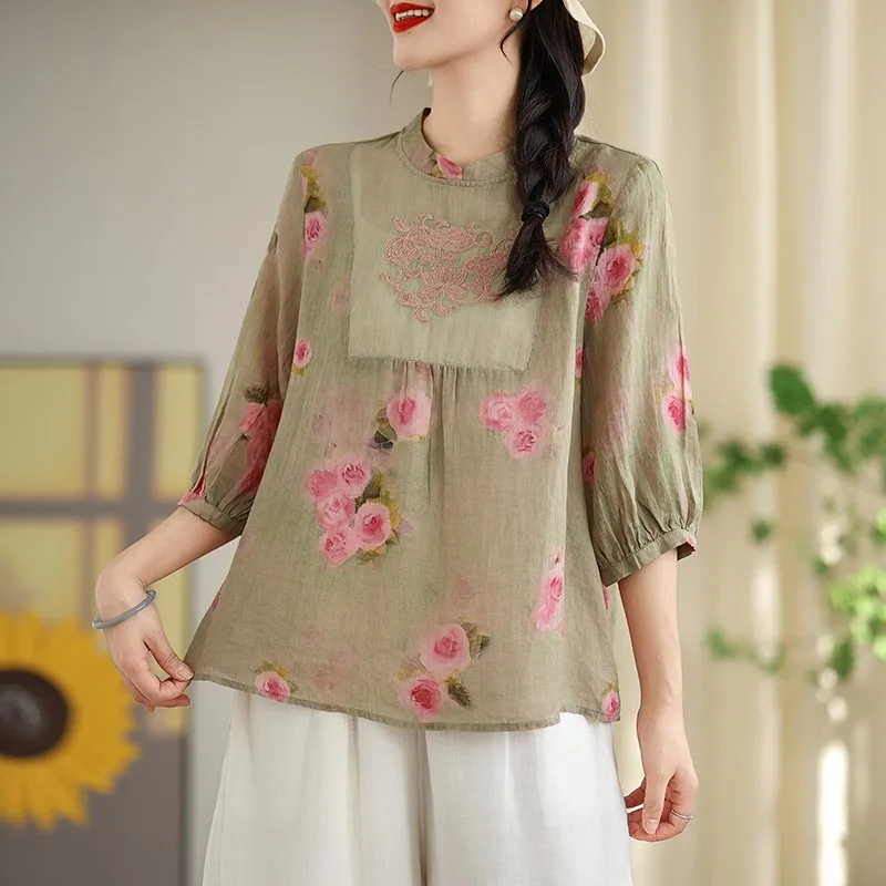 Women Casual Blouses Shirts New 2024 Summer Chinese Style Vintage Embroidery Floral Print Loose Female Tops Shirts B3862