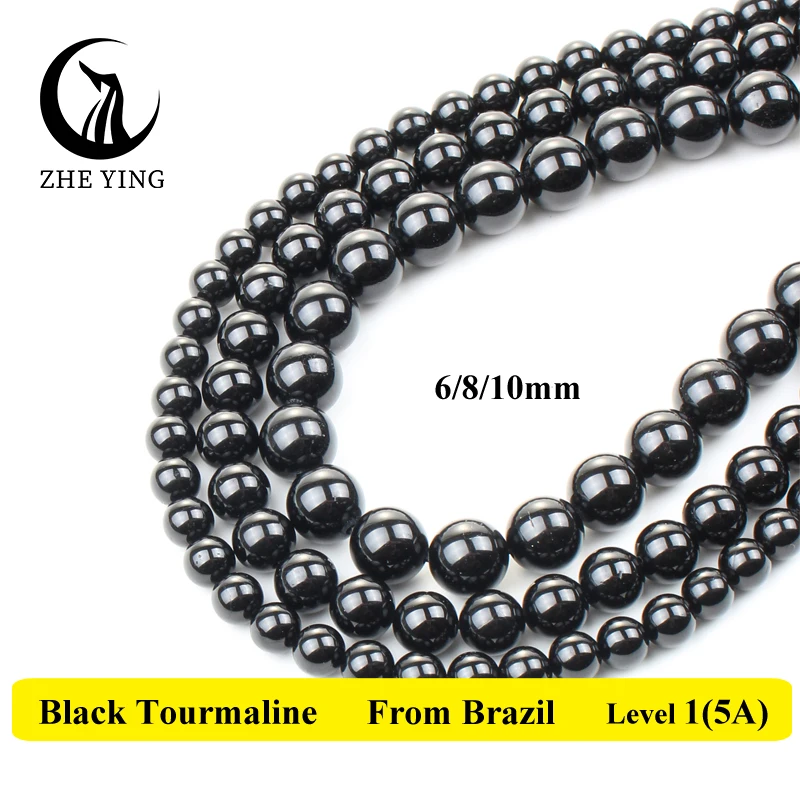 100% Natural Black Tourmaline Round Stone Beads Smooth Gem Quartz Beads For Jewelry Making DIY Bracelet Necklace 6 8 10mm 15\'\'