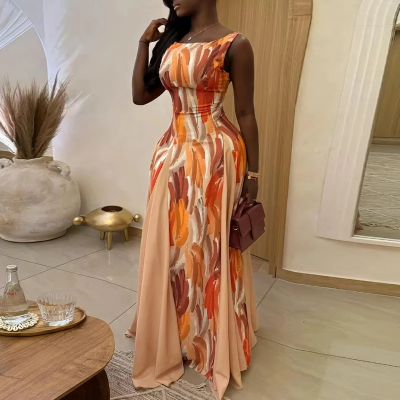 

Повседневное облегающее вечернее платье без рукавов для женщин, модное, с принтом и пэчворком, элегантное, с квадратным вырезом, плиссированное, коктейльное платье