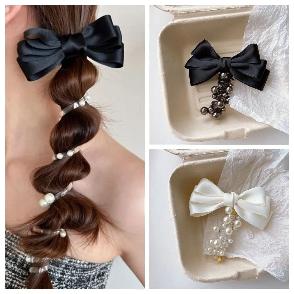 Large Elastic Bow Bubble Braided Headband Women Pearl Spiral Coil Rubber Band Hairband Ponytail Clip Hair Accessories