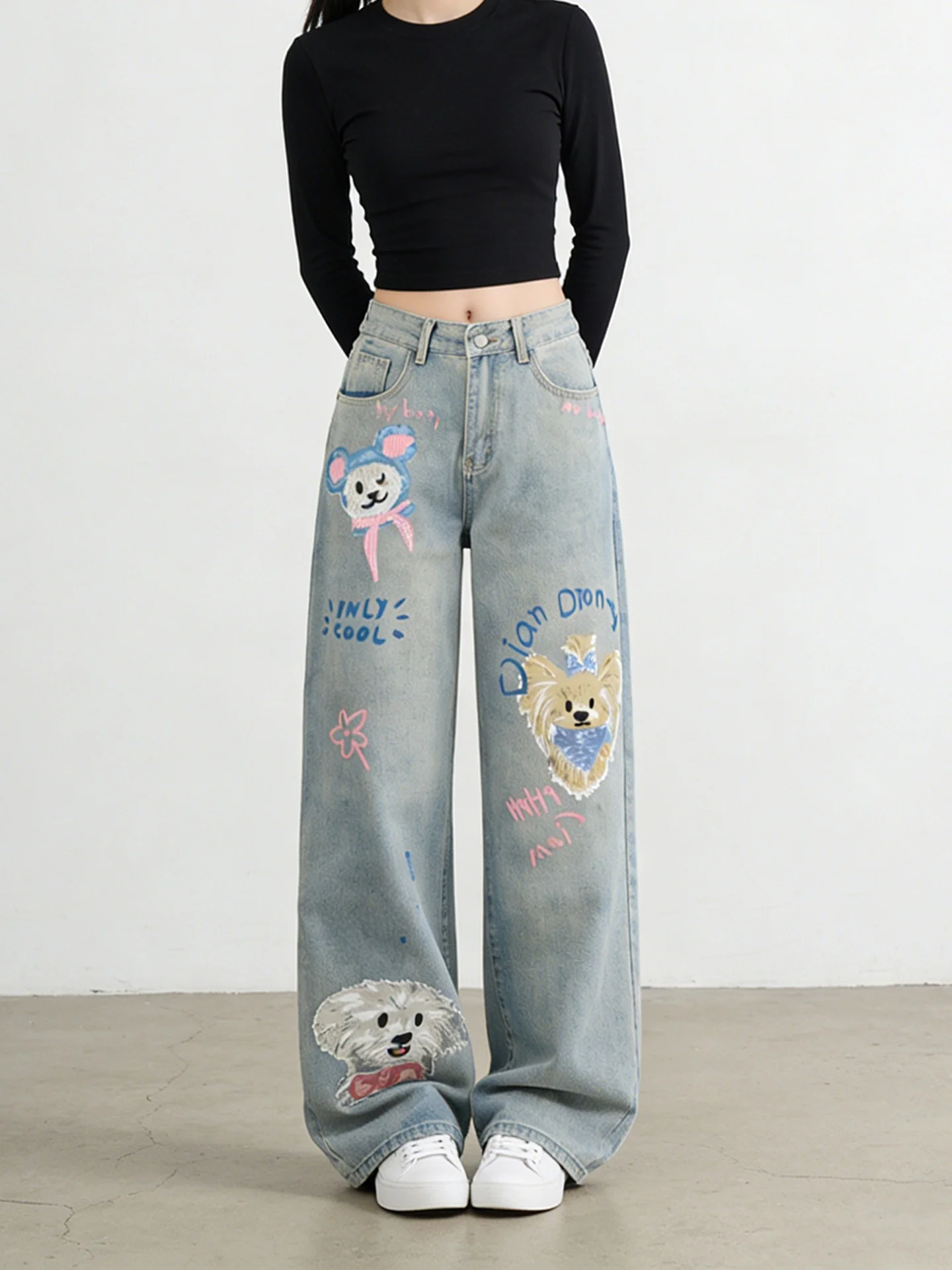 

Spring 2026 plus Size Women's High Waist Straight Leg Jeans Cartoon Dog fiti Sle Casual Cotton Polyester Blend