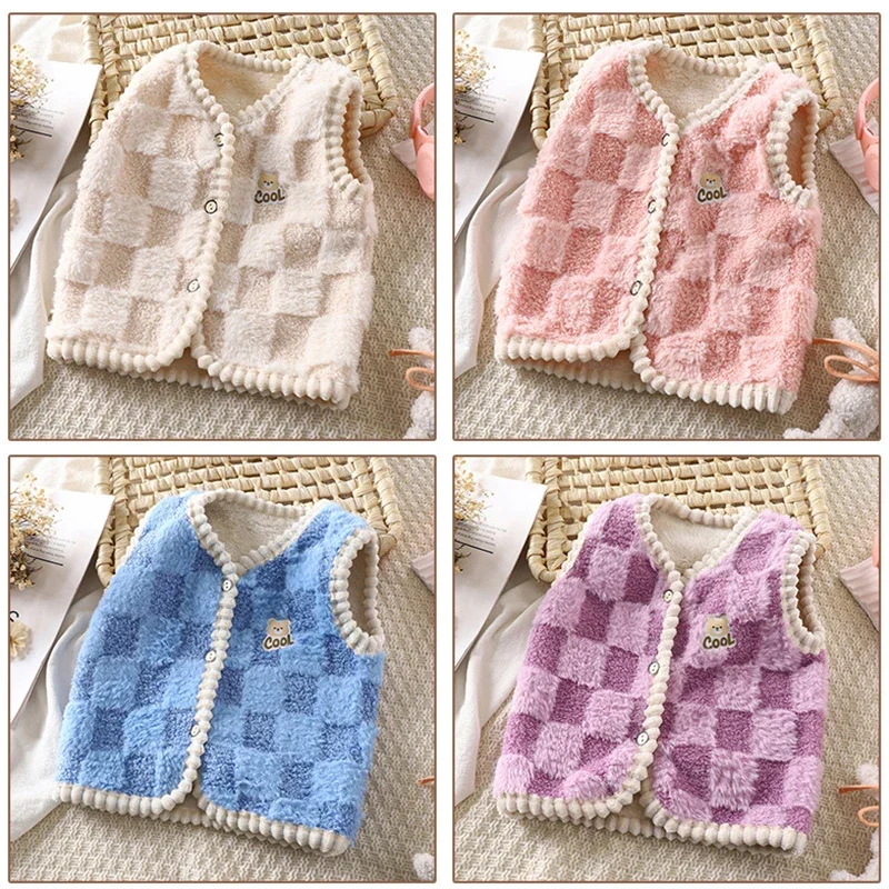 Autumn Winter Children's Coat Kids Fleece Vest Baby Double Thick Warm Gilet Checkered Pattern Boys Girls Sleeveless Outerwear