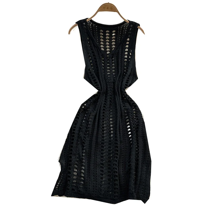 2025 boho women summer sexy knitted short tank dress casual hollow out beach holiday sundress split chic slim v neck dresses