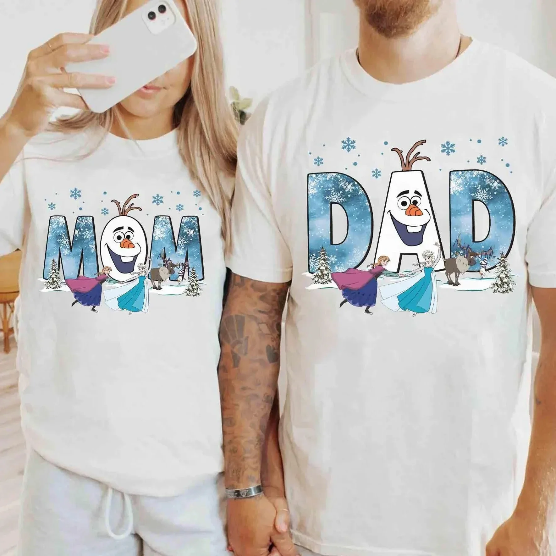 Personalized Frozen shirts for Mom and Dad, featuring Olaf, Anna, and Elsa.  Unisex pure cotton all-season bottoming shirts