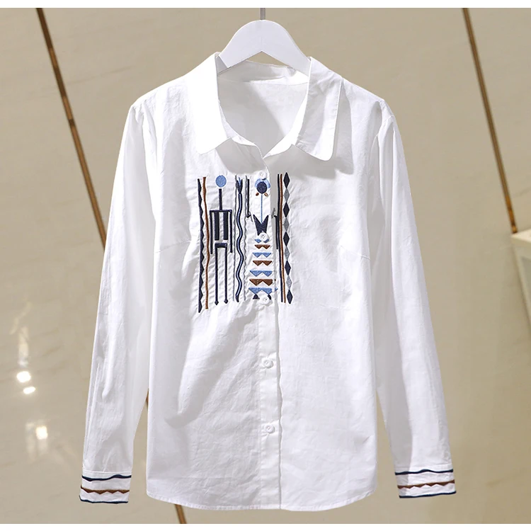 White Cotton Embroidery Women Shirts Spring Autumn New Fashion Blouses 2022 Turn-Down Collar Straight Female Outwear Tops Blusas