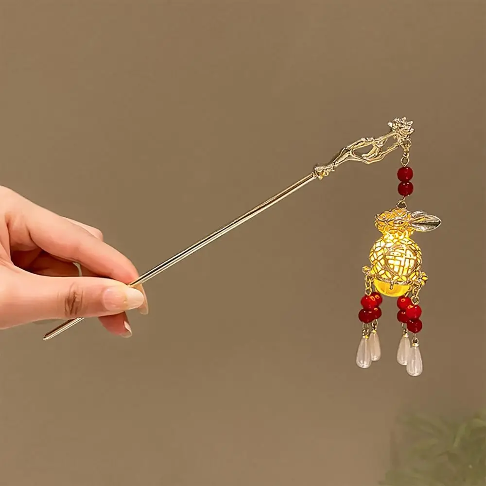 1Pcs New Ancient Style Lotus Lantern Hairpin Chinese Style Glowing Hair Stick Palace Lantern Flower Tassel Hair Insert Women