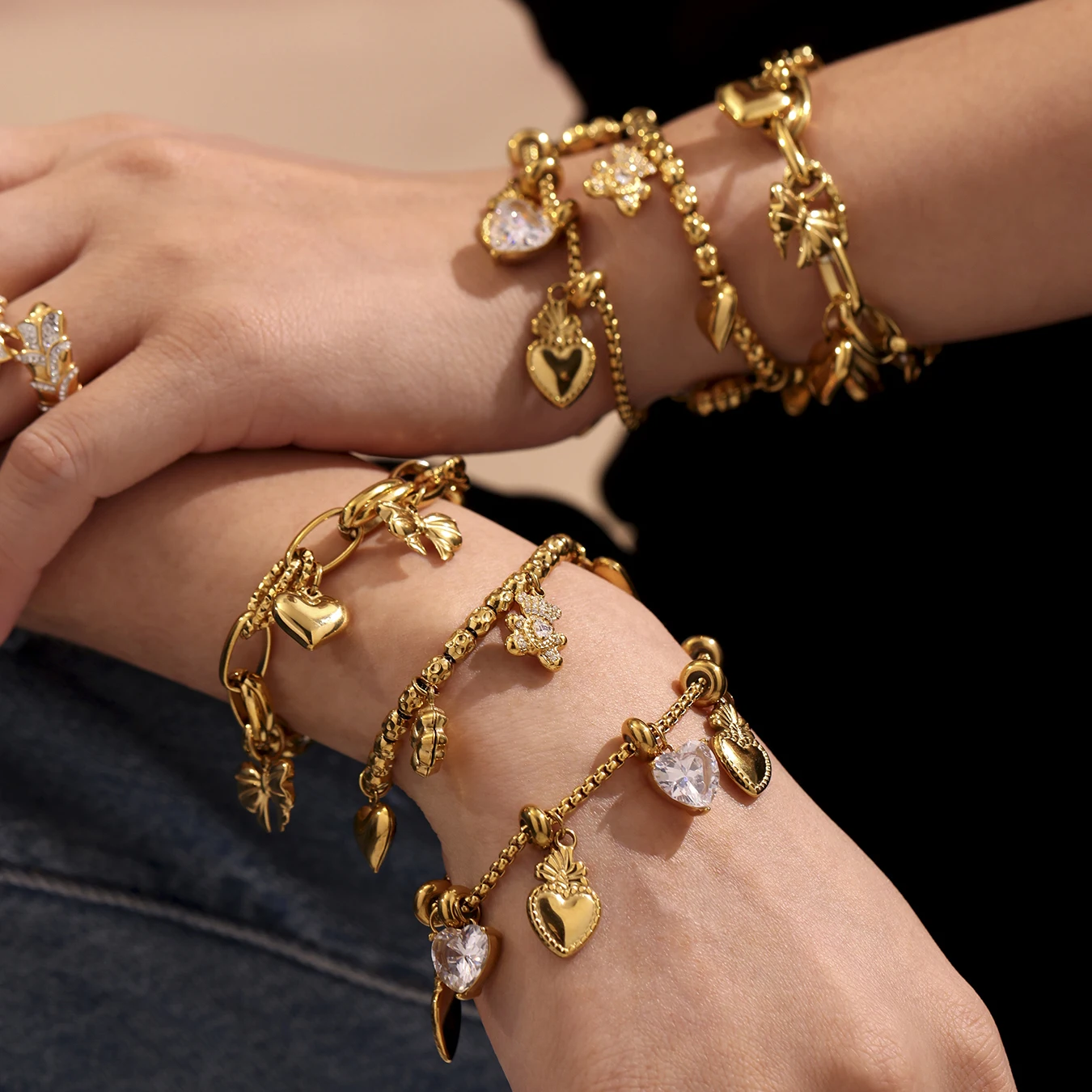 Stylish Heart Bear Stainless Steel Bracelet For Women White Zircon Gold Plated Luxury Party Waterproof Jewelry Gift