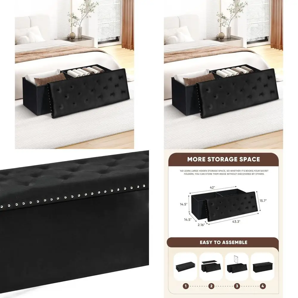 

Large Velvet Storage Ottoman Bench, 140L Capacity, Black 43 Footrest for Bedroom