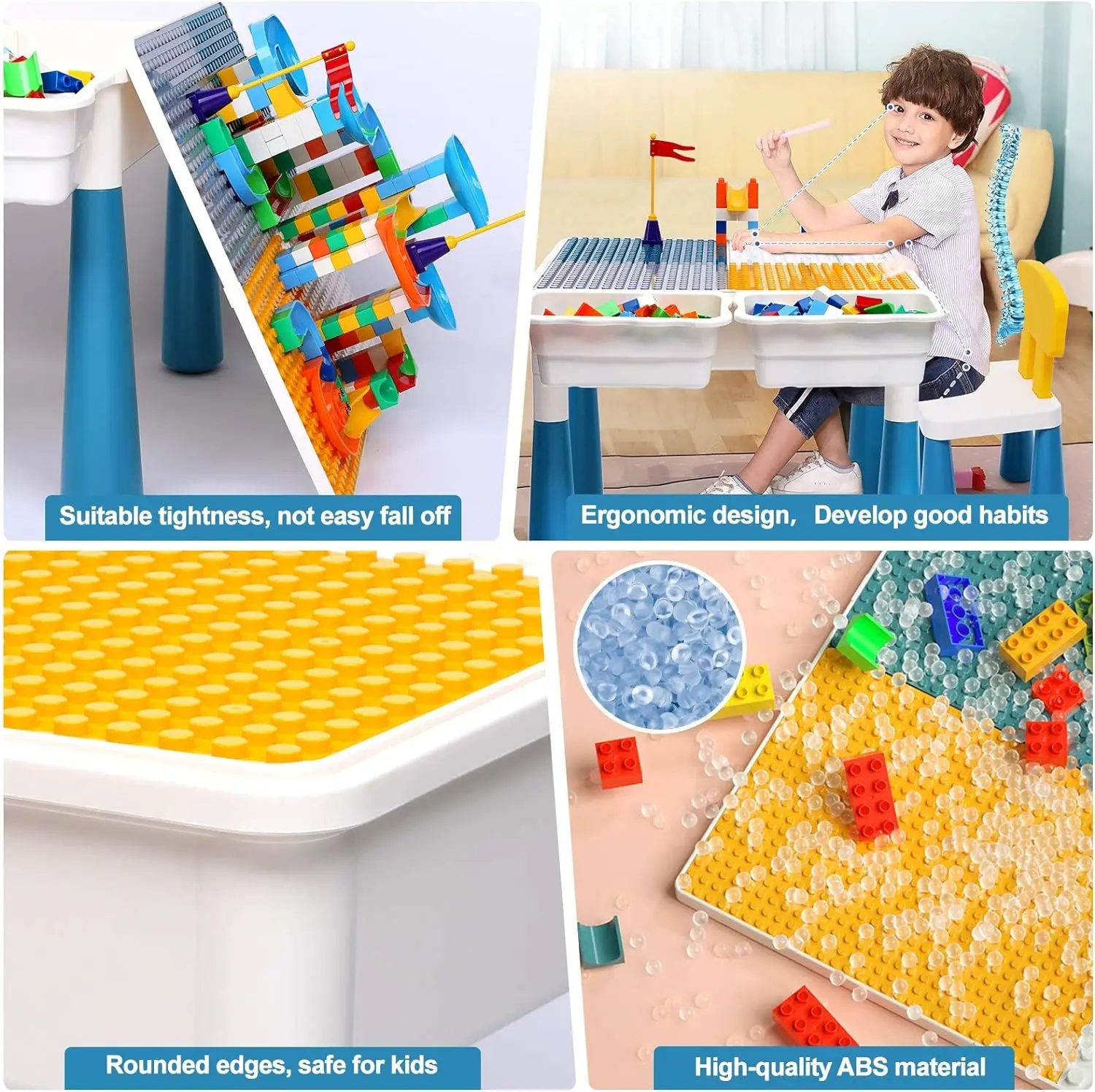 7 in 1 Kids Activity Table and Chair Set with 152Pcs Large Marble Run Building Blocks, Sand/Water Table, Toddler Learning Play