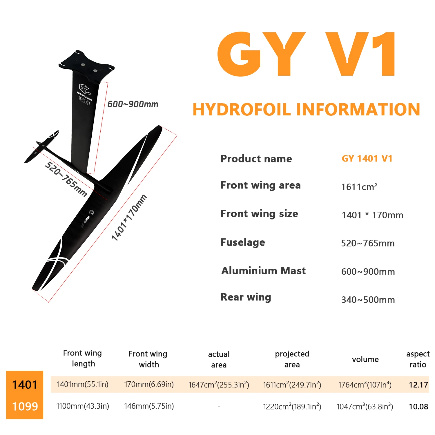 OEM ODM Carbon Hydrofoil Set GY1401 V1 for Wing SUP Downwind and Open Water Adventure Performance