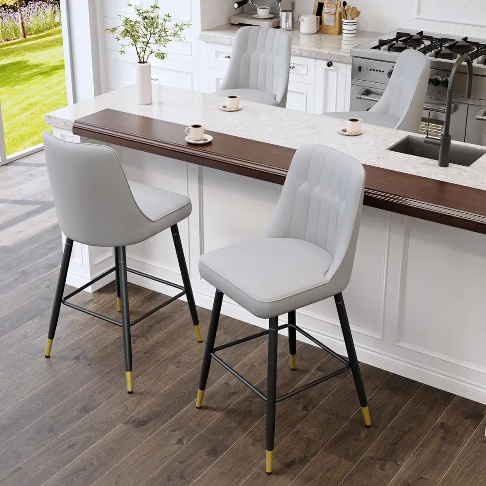 Counter Height Bar Stools Set of 4,Modern Bar Stools Set of 4,Light Grey Faux Leather Barstools with Back and Footrest.