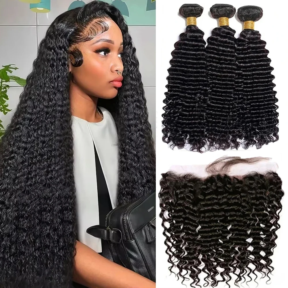 

Deep Water Wave Bundles With Closure Frontal Wet and Wavy Curly Human Hair Bundles With Frontal 13X4 Remy Hair Weave 3 Bundles