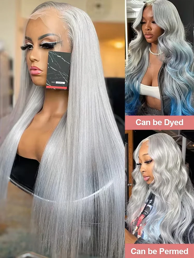 Silver Grey Straight Lace Front Human Hair Wig 40 Inches Colored HD Transparent 13x6 Lace Frontal Wig for Women Preplucked 250% image 5