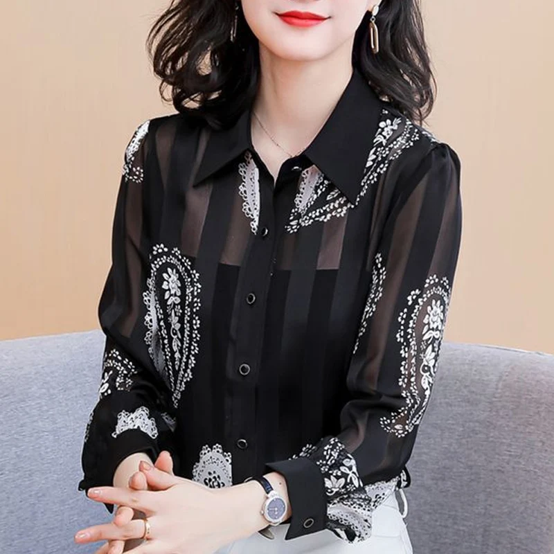 Spring Autumn New Turn-down Collar Long Sleeve Fashion Shirt Women High Street Button Cardigan Elegant Printing All-match Tops