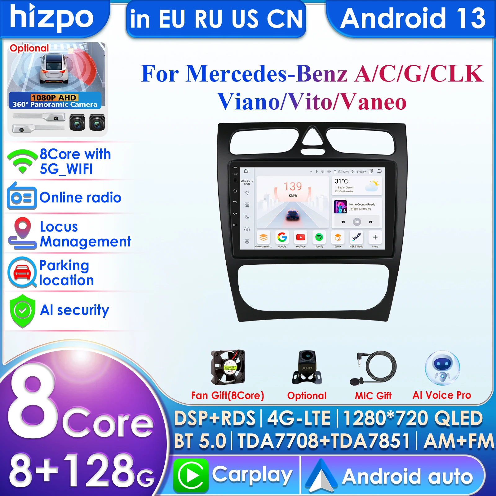 

Hizpo Carplay 4G 360 Camera Android 13 Car Radio for Mercedes Benz CLC W203 C-Class C180 C200 CLK200 CLK W209 GPS 2din Autoradio