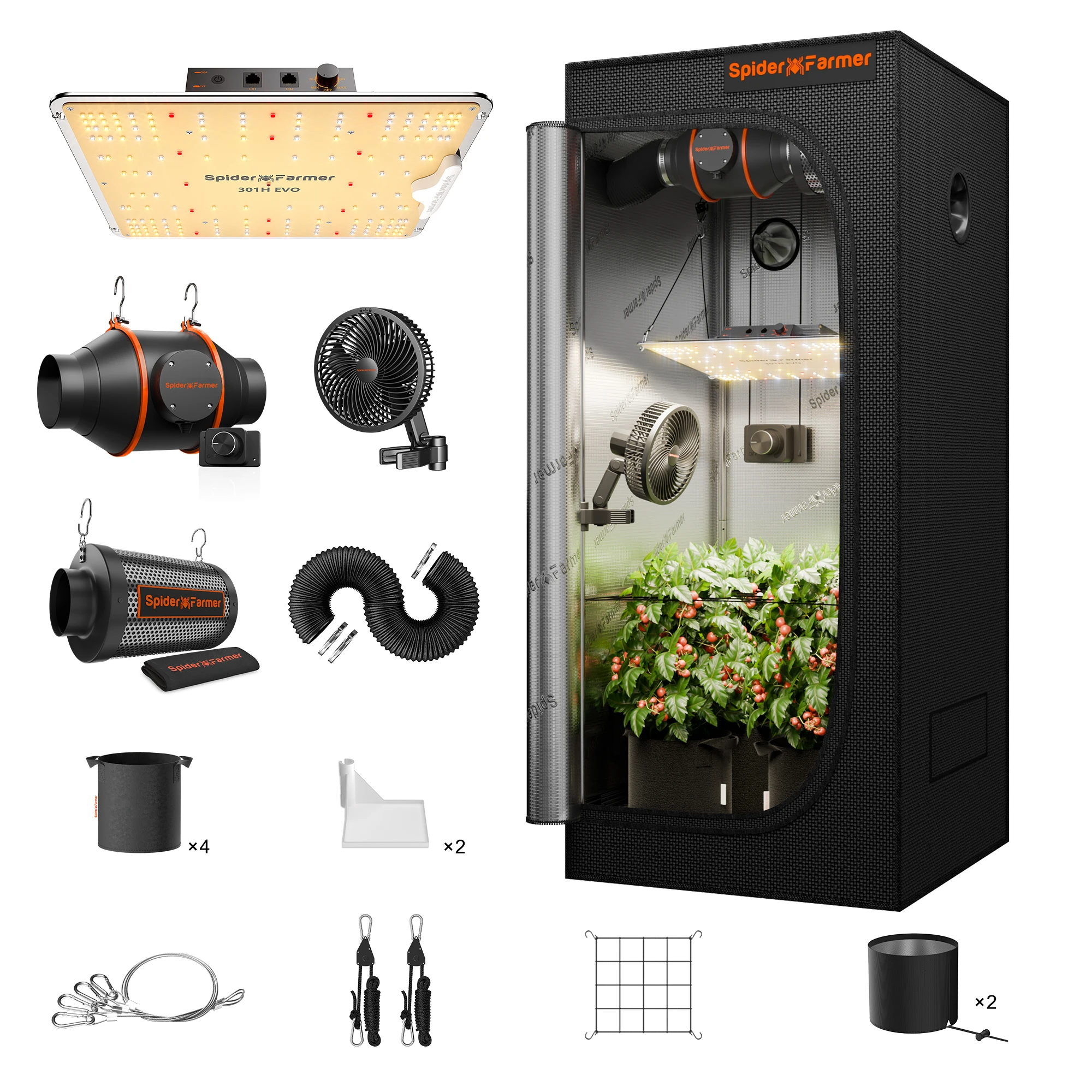 

Spider Farmer 70x70x160cm GrowBox Complete Kit W/SF1000 EVO Full Spectrum LED 6" Clip-Ventilator 4" Grow Ventilator
