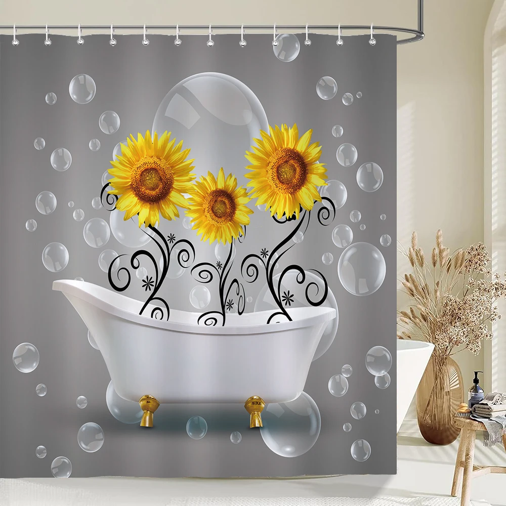 

1pc sunflower style abstract shower curtain flowers pattern printed bathroom waterproof toilet partition bath curtain