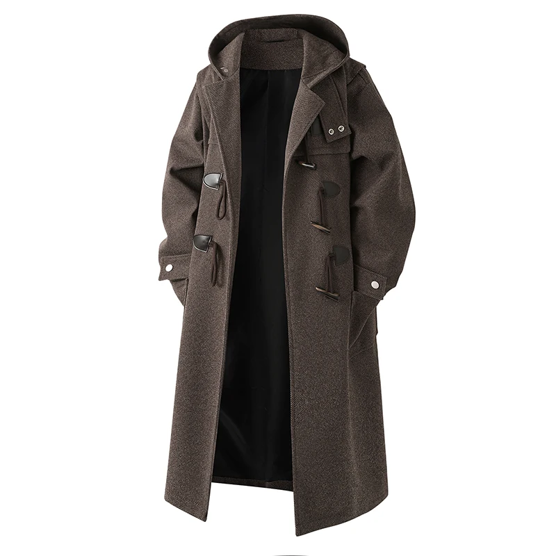 2026 Autumn Winter Woolen Coats Men Hooded Trench Fashion Loose Casual Streetwear Long Outwear Coat Male Button Windbreaker