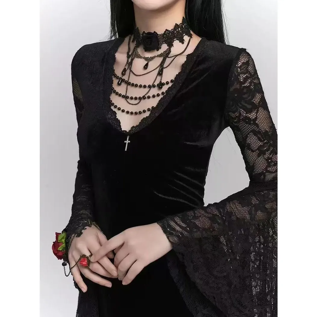 Gothic k Sle Women's Dr loween Costume Retro Skirt Long Sve Neutral Other Material 00% Summer Collection
