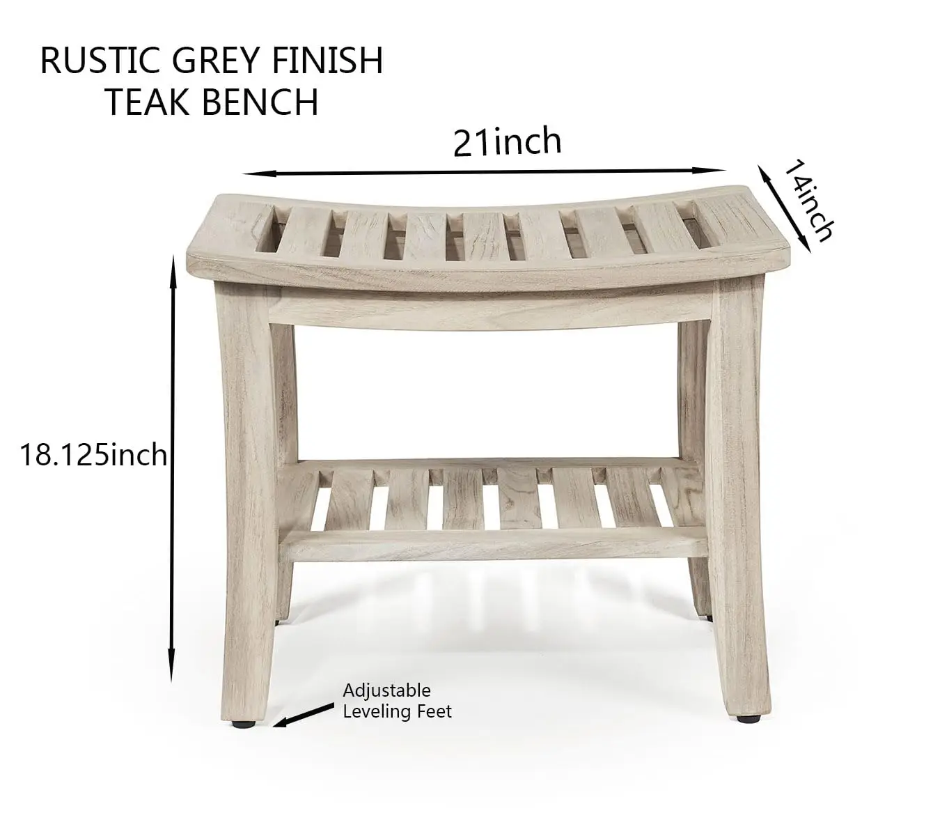 Patented Gray Teak Shower Bench with Shelf 21 Inch for Bathroom, Spa - Fully Assembled, Shower Stool, Rustic Gray, Customized
