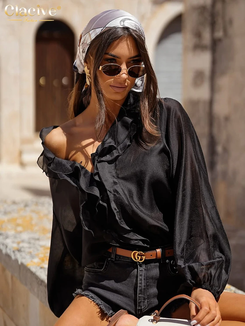 Clacive Fashion Loose White Women's Shirt 2025 Casual Lapel Long Sleeve Shirts Elegant Classic Ruffles Solid Top Female Clothing