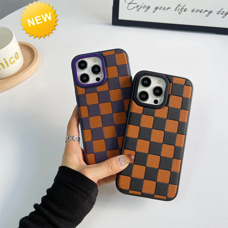 Color-blocked plaid mobile phone protective cover anti-fall hard shell suitable for iPhone11 12 13 14 15promax mobile phone case