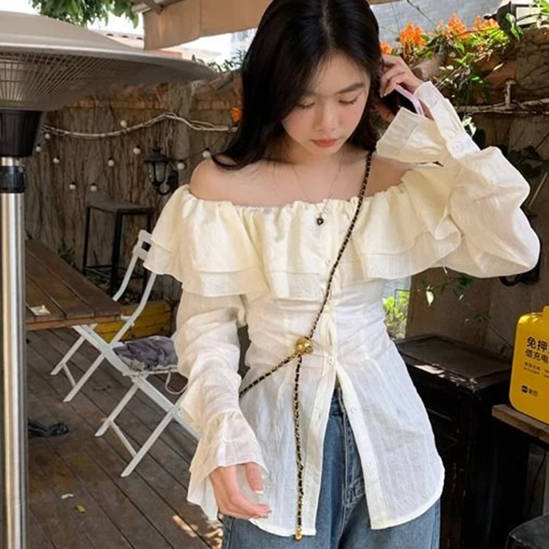 Slash Neck Solid French Ruffles Shirt Woman Summer Sexy Off Shoulder Ladies Blouse Chic Button Flare Long Sleeve Female Tops