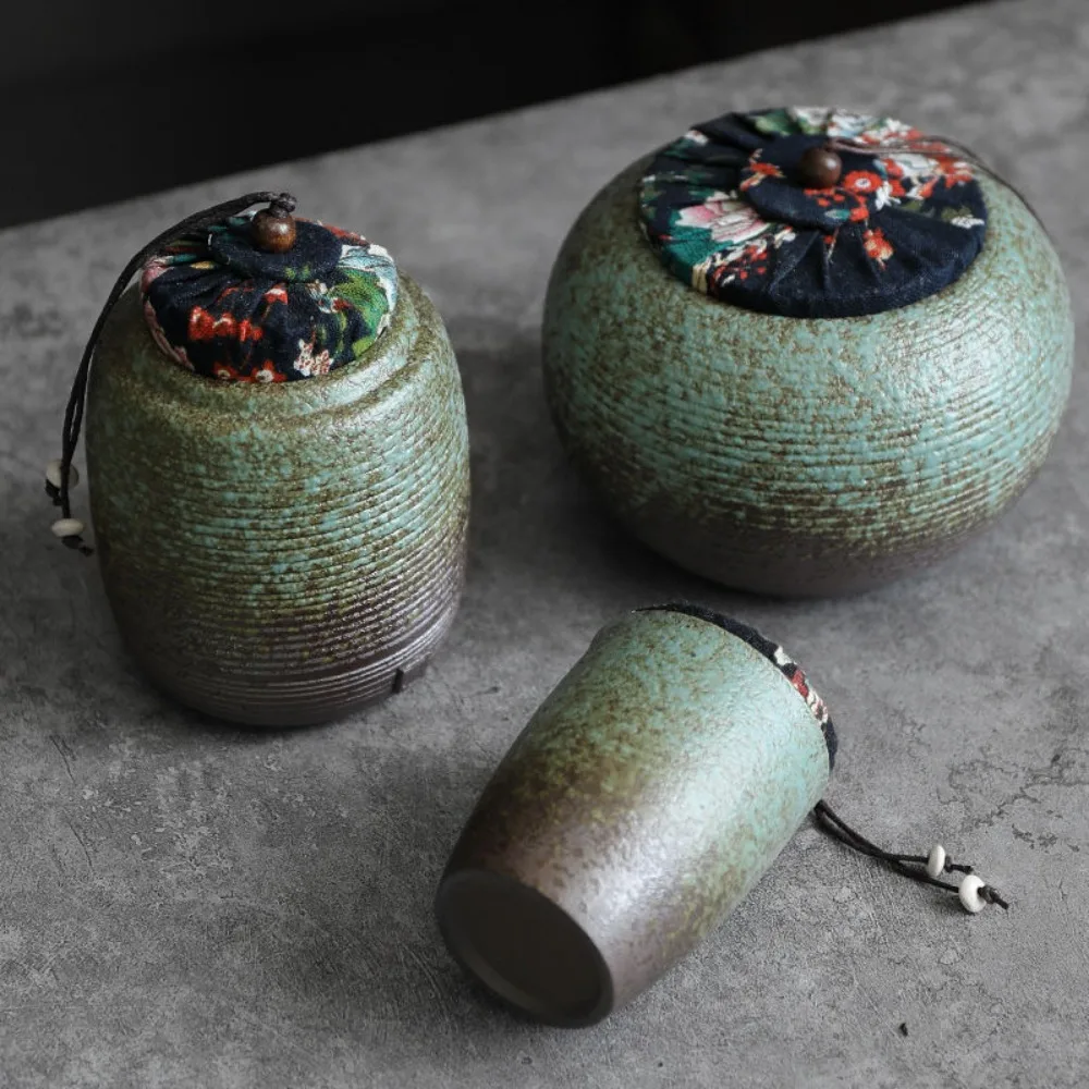 Vintage Stoneware Threaded Ceramic Storage Jar Portable Mini Storage Bottle Moisture Resistant Sealed Jar Food Container Home