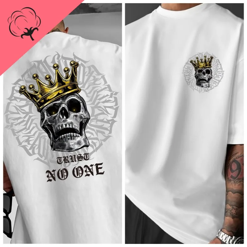 تي شيرت بنمط جمجمة وتاج قوطي - ظهر فضفاض على طراز الشارع مطبوع بكلمات "TRUST NO ONE" من القطن الخالص للجنسين عصري #5