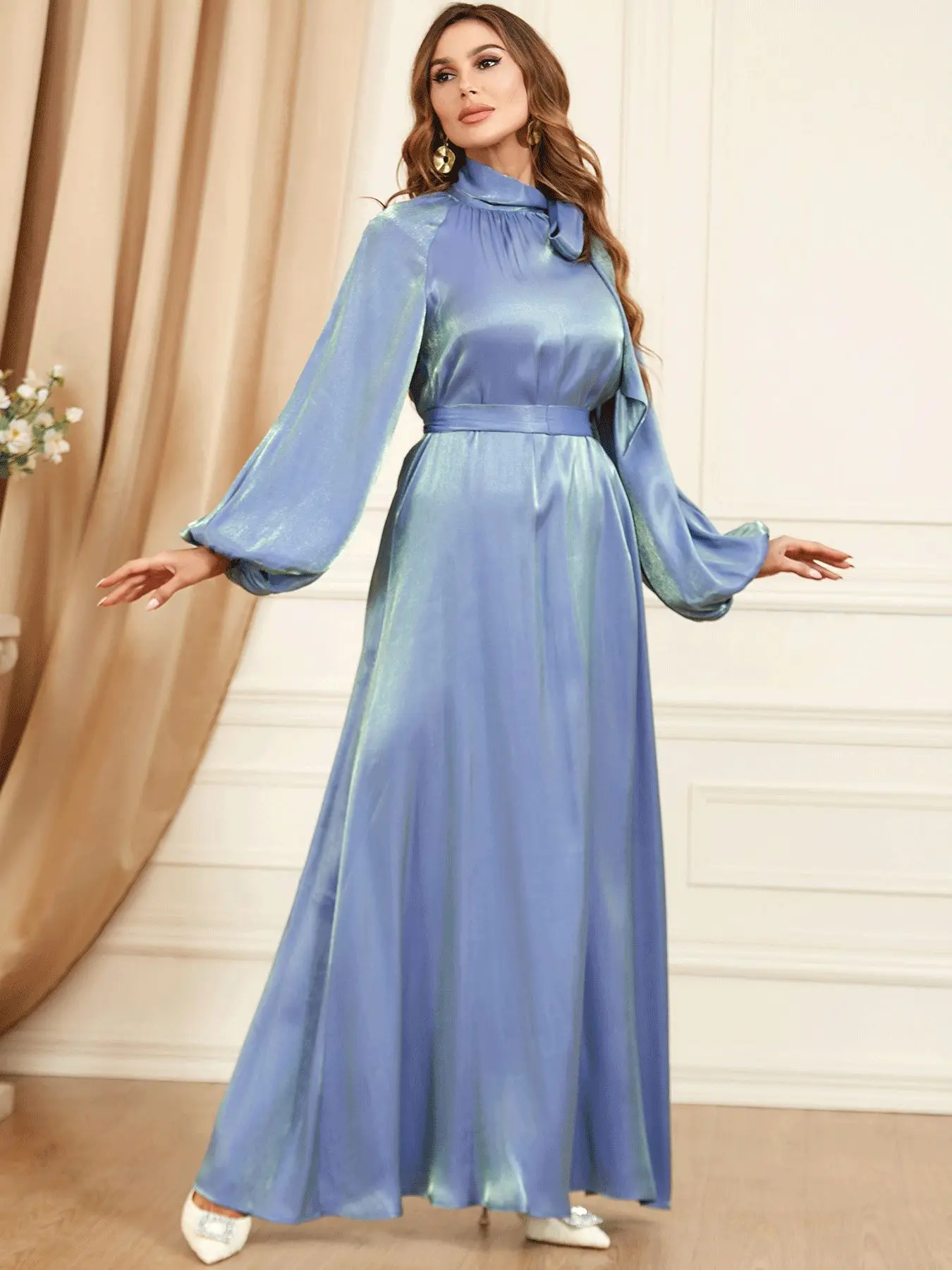 Bow Tie Neck Chic Eid Full Cover Ramadan Gown Puff Sleeve Morocco Muslim Dress Women Abaya Casual Islam Long Robe Femme Vestidos