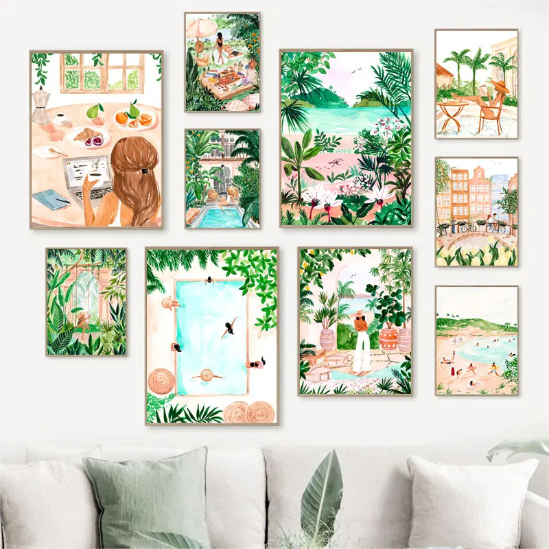 Beach Pool Moroccan Tropical Jungle Swing Meadow Wall Art Canvas Painting Posters and Prints Wall Pictures for Living Room De