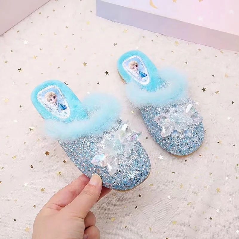 Disney Girls Cotton Slippers Princess Cartoon Frozen Elsa Print Children Lovely Soft Warm Flat Kids Indoor Home Bedroom Shoes