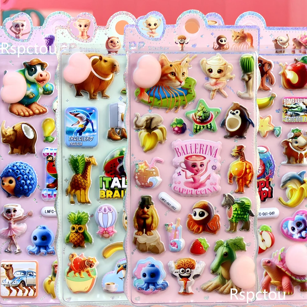 4개입 이탈리아 브레인로트 3D 버블 스티커 귀여운 텅텅텅 사후르 부드러운 핀치 가능한 엉덩이 스티커 DIY 여행가방 휴대폰 스트레스 해소 장난감