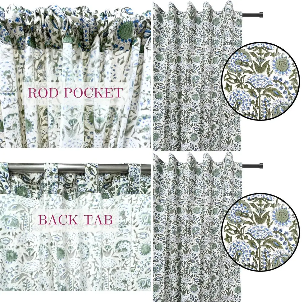 Cotton Block Print Curtains, Rod Pocket & Loop for Easy Hanging, Light Filtering, Boho Style, 60x96, Clover Blue, Set of 1