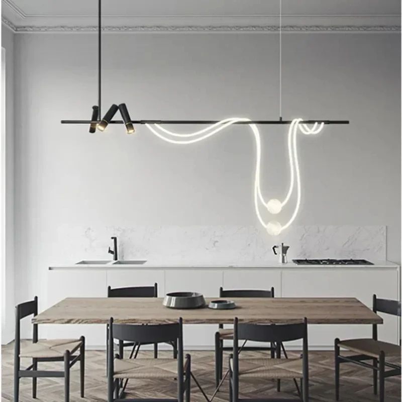 Nordic Minimalist strip Hose LED Chandelier Black Long Iron wire lustre Art Ceiling,Suitable for Living room Decoration