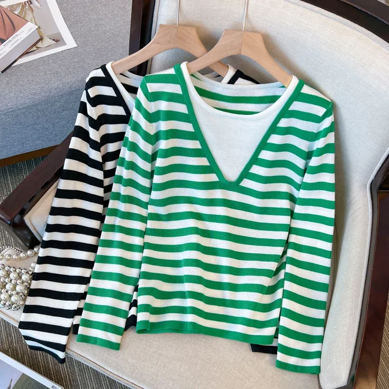 

Vintage V-neck Basic Sweater Women Korean Striped Knitted Tops Elegant OL Base Knitwear Elastic Big Size Loose Knit Pullover