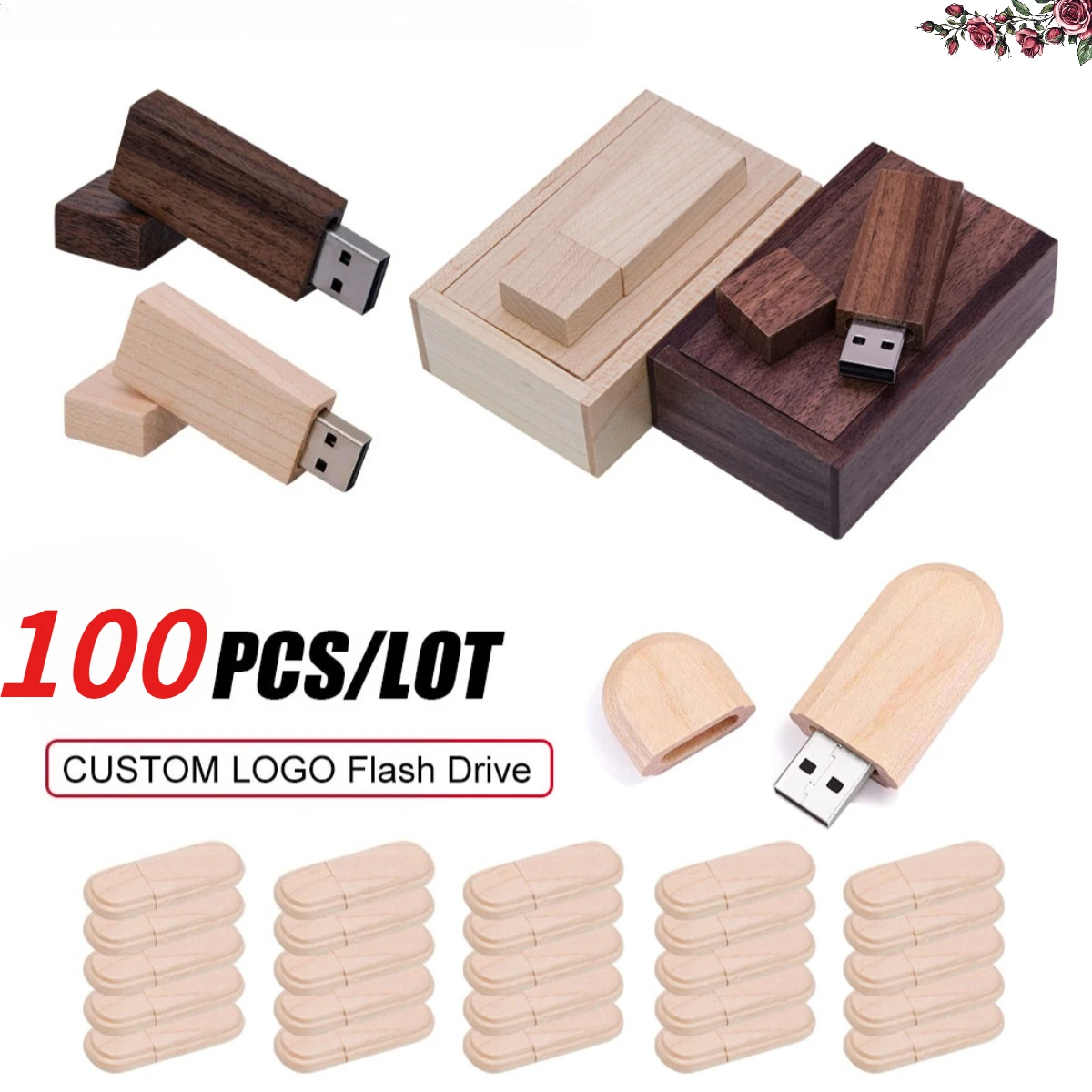 

100pcs free custom logo Wooden USB flash drive pen driver wood chips pendrive 4GB 8GB 16GB 32GB memory stick for wedding Gift