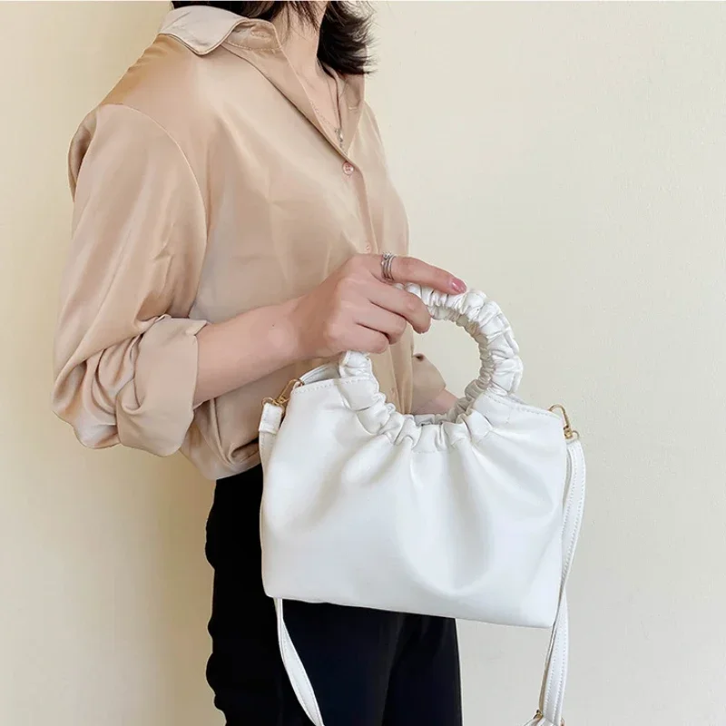 Female Handbag New Fresh Artistic PU Pure Color Messenger Bag Fold Texture Portable Diagonal Bag Female