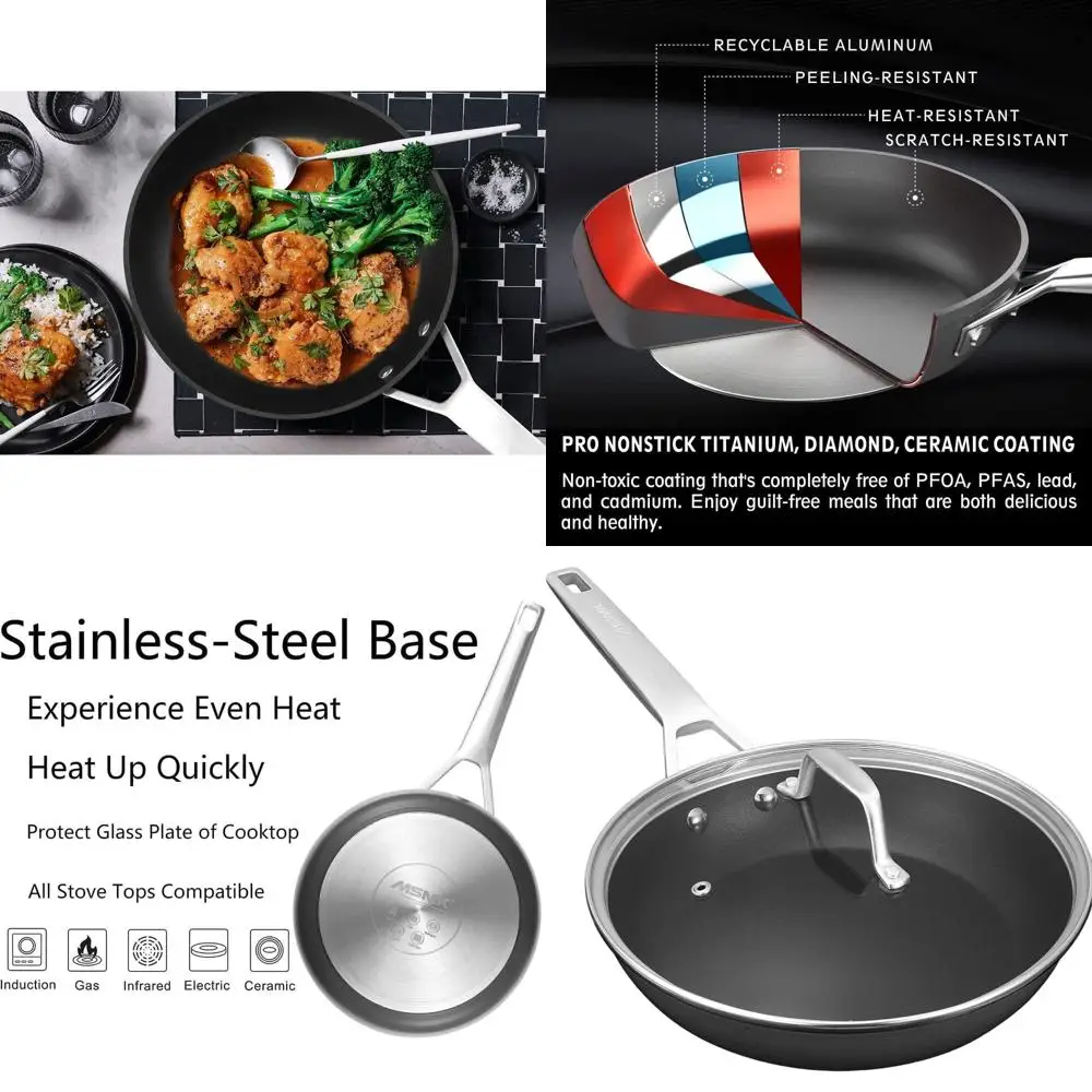 

Large 12.5 Inch Titanium & Ceramic Non-Stick Skillet with Lid, Cool Handle, Scratch-Resistant, Non-Toxic, Induction & Dishwasher