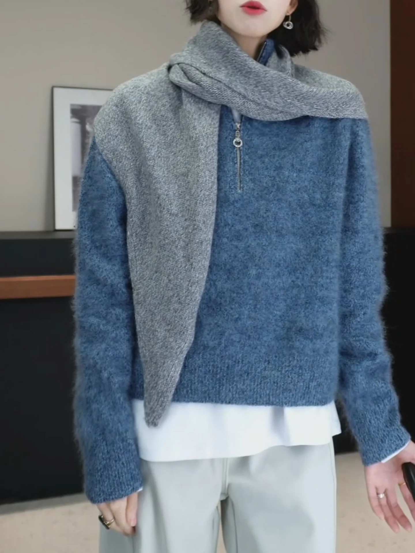 

Blue Warm Thiened Knitted Sweater f Zipper Loose Fit Stand Collar Women's Base irt New Sle Large Size Commute Korean...